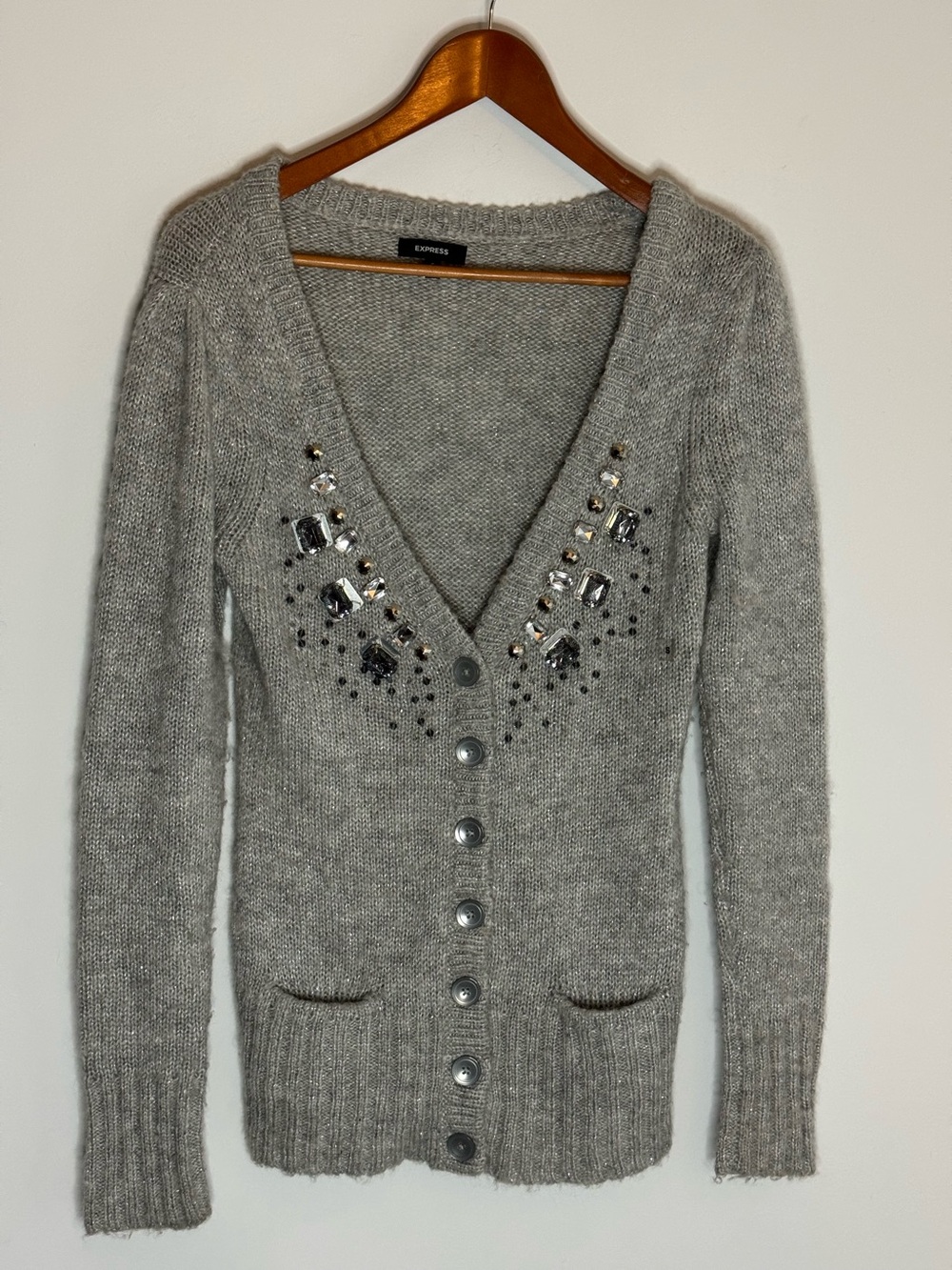 Express Gray Shimmer Jewel Embellished V-Neck Button Front Cardigan Sweater Size